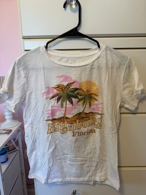 Billabong White Tee with Pink Sunset and Yellow Sun Palm Graphic